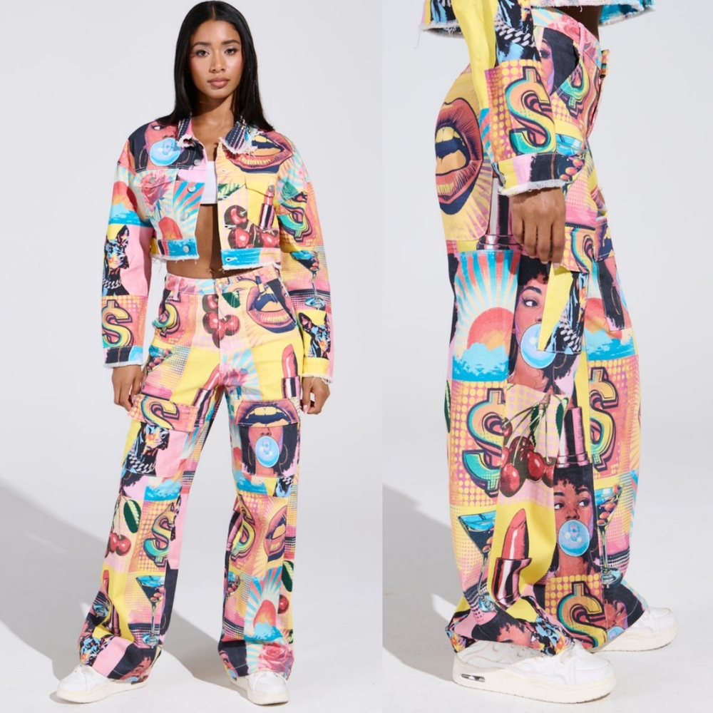 AKIRA Electric Printed Denim Cargo Pants